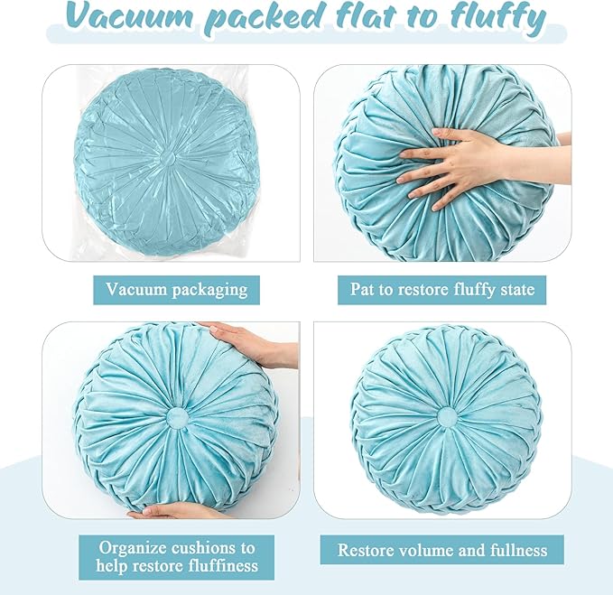 Drydiet 1 Pcs Round Throw Velvet Pillows Decorative Pleated Throw Pillows 15'' Diameter Accent Pumpkin Boho Chair Cushion for Couch Sofa Home Decoration (Aqua)