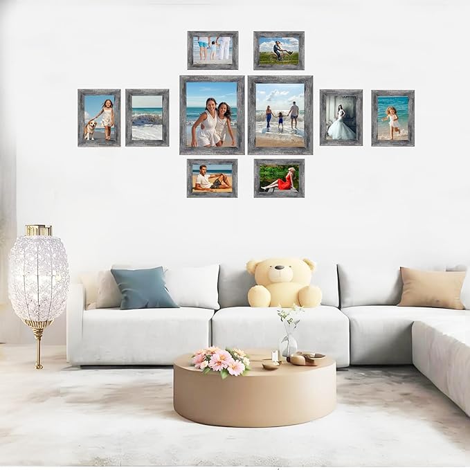 10 pack Picture Frame Set with Two 8x10,Four 5x7,Four 4x6, Rustic Collage Gallery Wall Frame, Farmhouse wood Photo Frames for living room Wall Gallery Decor or Desk,Rustic Black