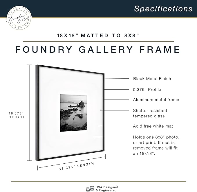 MCS Master & Co. Foundry Metal 18x18 Matted Picture Frame with 8x8 Photo Display, Black Vertical & Horizontal Wall Hanging Frame for Photos & Artwork (1-Pack)