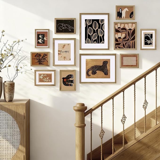 Egofine Picture Frame Set 12 Pack, Picture Frames Collage Wall Decor with Two 11x14, Two 8x10, Four 5x7, Four 4x6 for Wall and Tabletop, Made of Solid Wood, Covered by Plexiglass, Carbonized Brown