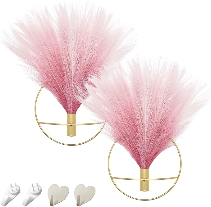 Pretty Jolly Boho Wall Decor, Wall-Mounted Metal Wall Decor, Hanging Artificial Pampas Display, Wall Art Living Room, Bedroom, Bathroom, Dining room, Plant Wall Decor 2 Pack Gold