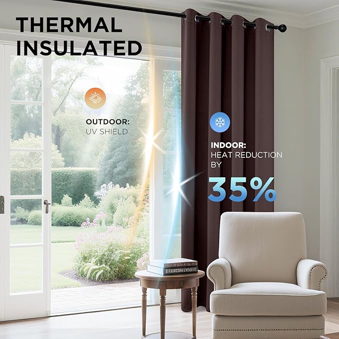 Joydeco Blackout Curtains 108 Inches Long 1 Panel, Thermal Insulated Long Curtains& Drapes 1 Piece, Room Darkening Grommet Drapes for Living Room Bedroom Window (W70 x L108 Inch, Chocolate)