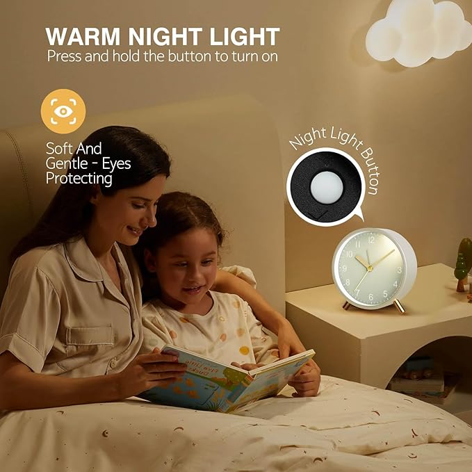 Analog Alarm Clock, Super Silent Non Ticking with Night Light, Battery Operated, Bedroom Clock,Fashionable Round Metal Alarm Clock for Office, Elderly, Adults, Children, School Gift