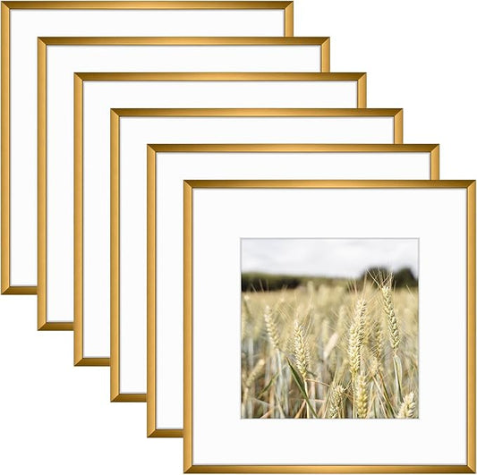 Golden State Art, Gallery Wall Frame Set of 6 - Bronze 12x12 Aluminum Photo Frames with Mat for 8x8 Pictures - 12 x 12 inch Metal Frame with Real Glass Cover - Elegant Home or Office Decor