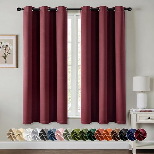 MIULEE Burgundy Red Blackout Curtains for Bedroom Living Room 63 Inches Long 2 Panels, Thermal Insulated Room Darkening Drapes Grommet Noise Reducing Light Blocking Window Treatments 40x63 Inch