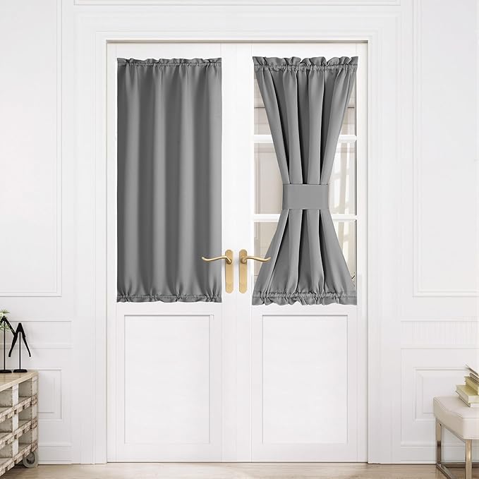 NICETOWN Blackout Door Curtain – Thermal Insulated Blackout Window Cover for French & Front Doors with Adjustable Tieback, Room Darkening Shade for Privacy, Silver Grey, 1 PC, 30W x 50L
