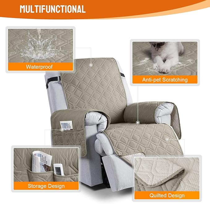 VANSOFY 100% Waterproof Recliner Chair Covers, Recliner Cover Non-Slip Dog Chair Cover Furniture Protector Washable Slipcover with Pocket, Elastic Straps for Pets, Dogs(Khaki, 20")