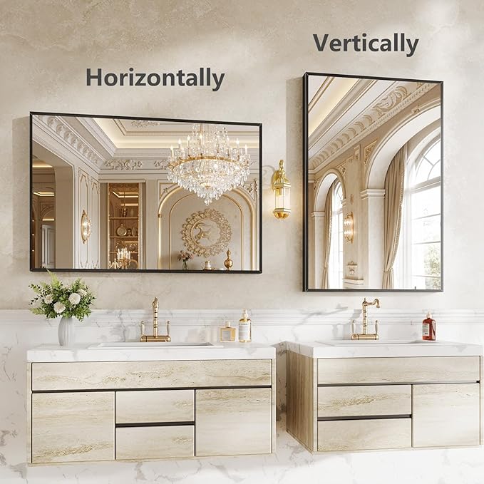 Koonmi Bathroom Mirror for Wall, 24"x36" Black Bathroom Mirror for Over Sink, Shatterproof Tempered Glass Vanity Mirror with Anti-Rust Aluminum Alloy Frame, Hang Horizontally or Vertically
