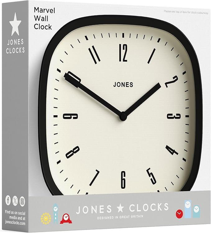 JONES CLOCKS® Marvel wall Clock | Modern Retro Rounded Square Clock | 10 inch | Cool Designer Look for Kitchen, Living Room or Office