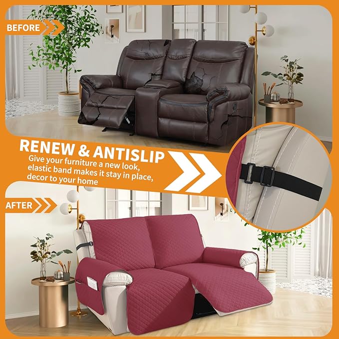 XINEAGE Clearance Waterproof Recliner Cover, 2 seat Recliner Loveseat Covers with Pockets, Thick Recliner Protector Cover for Dog Pets with Non Slip Backing and Strap (Recliner Loveseat, Red)