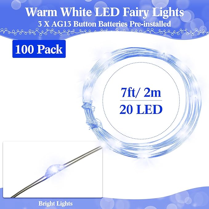 Hortsun 100 Packs Fairy Lights Battery Operated 3 Speed Modes, 7 Ft/ 2 M 20 LED Battery String Mini Waterproof Wire Twinkle Lights Bulk for Wedding Party Birthday Vases Decor (Blue Light)