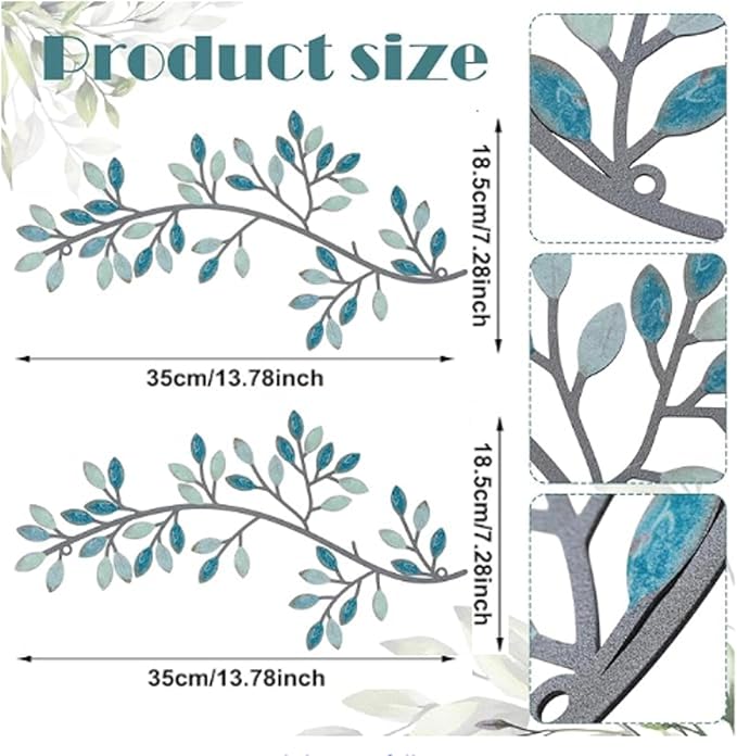 Hotop 2 Pieces Metal Tree Leaf Wall Decor Vine Olive Branch Leaf Wall Art Wrought Iron Scroll Sculptures Above the Bed, Living Room, Outdoor Decoration(Classic Style,Blue)