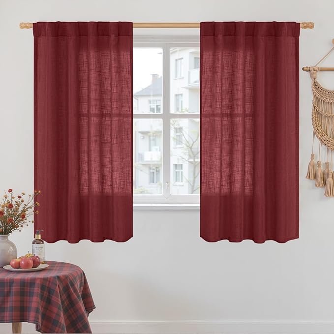 LAMIT Burgundy Red Linen Curtains 45 Inch Length 2 Panels, Light Filtering Panels Back Tab and Rod Pocket Christmas Decor Drapes for Kitchen/Window/Loft Room/Bedroom, 34 x 45 Inch