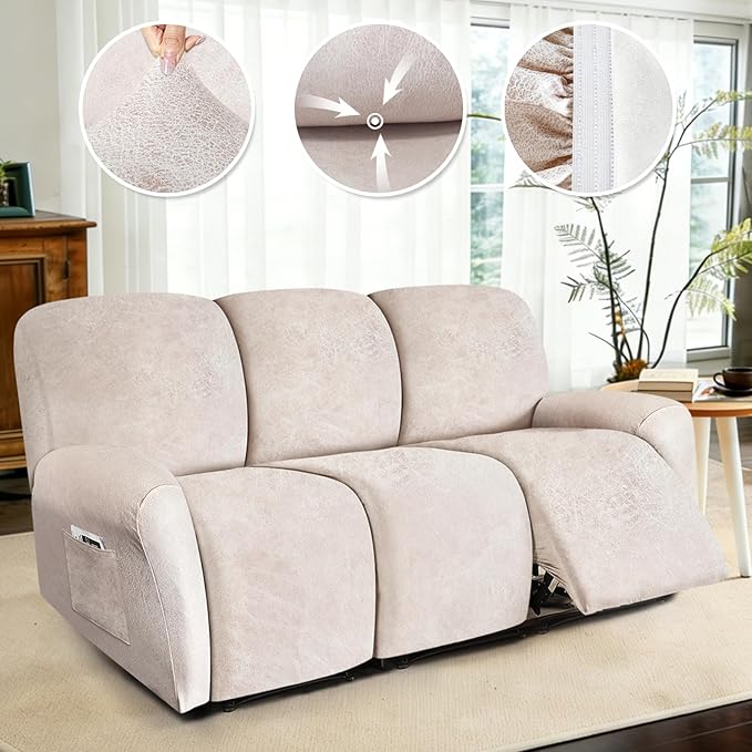 ANARACHON Recliner Couch Cover Leather Look Recliner Sofa Covers for 3 Cushion Reclining Sofa Slipcovers 8-Pieces Furniture Protector Spandex Fabric Washable (3 Seater, 02 Beige)