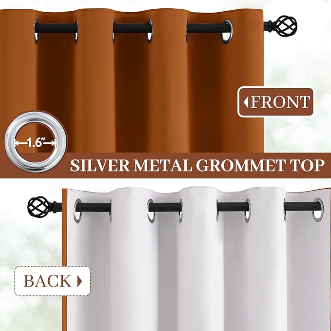 Yakamok Room Darkening 100% Blackout Curtains Grommet Window Treatments with 2 Thick Layers-Burnt Orange Thermal Insulated Drapes Set of 2 Panels for Bedroom Living Room 38 Inches by 63 Inches Length