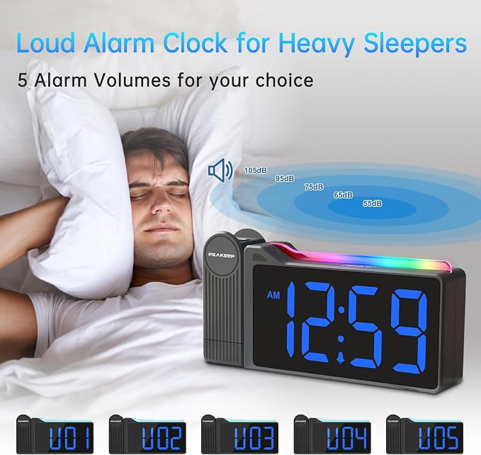 Peakeep Projection Alarm Clock for Bedroom Ceiling with Colorful Nightlight - Image 6