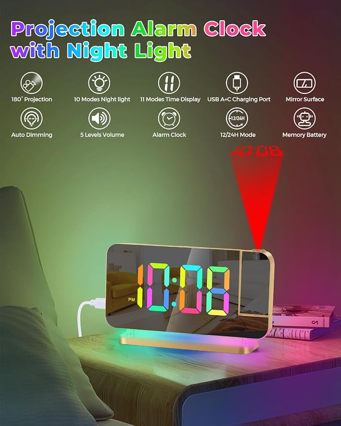 SZELAM Projection Alarm Clock, 7.4 in Digital Mirror Clocks,with 180° Rotatable Projector, RGB Night Light,USB C Charger Port, Auto Dimmer, LED Desk Clock for Bedroom - Image 2
