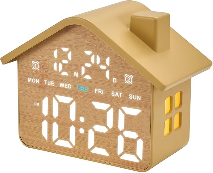 Plumeet Wooden Digital Alarm Clock, Bedroom Clock with Large Numbers, Date, Week, Dual Alarms, Dimmer and Ambient Light, House-Shaped Electric Bedside Desk Clock, Adapter Batteries Powered - Image 8