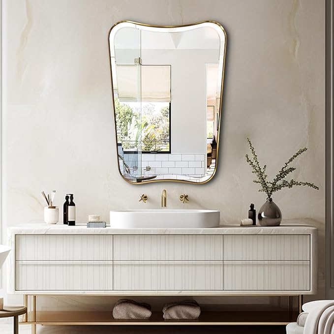 POZINO Irregular Beveled Mirror, 24"x36" Modern Bathroom Vanity Mirror, Brushed Gold Aesthetic Mirrors with Stainless Steel Frame, Butterfly Shape Wall Mirrors for Bedroom Living Room Entryway