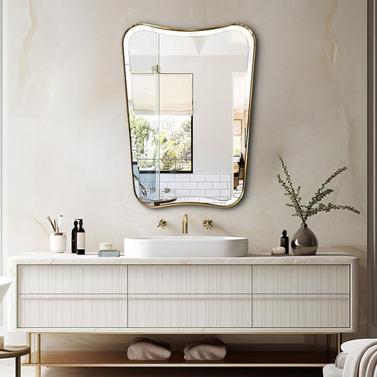 POZINO Irregular Beveled Mirror, 24"x36" Modern Bathroom Vanity Mirror, Brushed Gold Aesthetic Mirrors with Stainless Steel Frame, Butterfly Shape Wall Mirrors for Bedroom Living Room Entryway