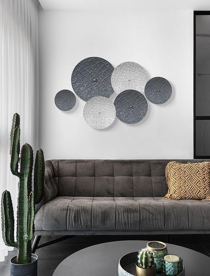 Silver and Gray Metal Wall Decor for Living Room, 7PCS Hanging Wall Art Sculptures for Office Dining Room Decoration, Modern Silver Home Decor for Apartment Bedroom New Home Gift