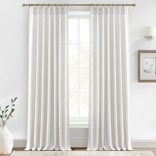 Extra Long 112 Inch Beige White Light Filtering High Ceiling Curtains for Dining Room 2 Panel Set, Memory Trained Pleated Thick Flax Linen Semi Sheer Large Window Drapes Protect Privacy Rustic Curtain