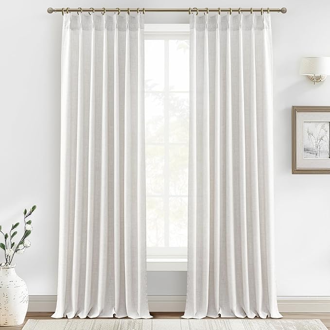 Pinch Pleated Extra Long 132 Inch High Ceiling Luxury Curtains for Living Room 2 Panels Set, Cottage Core Natural Linen Beige White Semi Sheer Drape Light Filtering for 11FT Large Window Curtain Ivory
