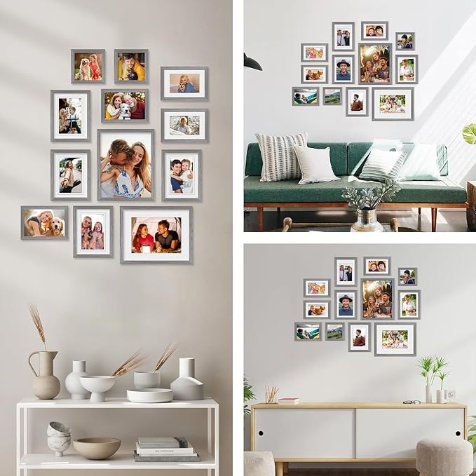 Egofine Picture Frame Set 12 Pack, Picture Frames Collage Wall Decor with Two 8x10, Four 5x7, Four 4x6, Two 4x4, Photo Frames for Wall and Tabletop, Made of Solid Wood, Covered by Plexiglass, Oak Grey