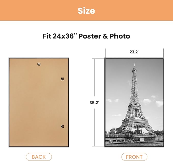 upsimples 24x36 Poster Frame Black 3 Pack, Scratch-Proof Picture Frames 24 x 36 for Photo Gallery - Slide-In Strips, Horizontal or Vertical Wall Mounting