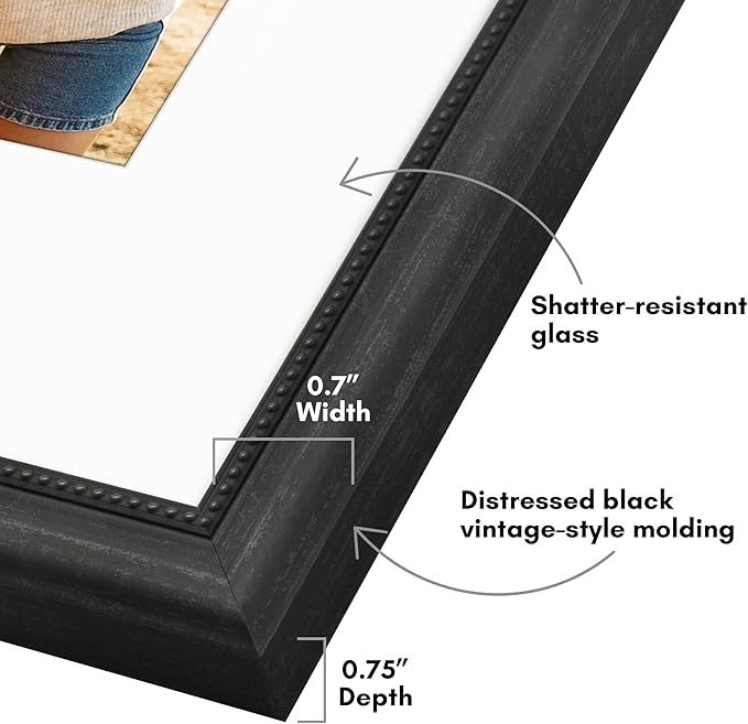 Americanflat Vintage Frames - 11x14 Picture Frame with Beaded Accents and Shatter-Resistant Glass - Use as 8x10 Frame or Display 11x14 Photos Without Mat - Heirloom Collection - Wall Display - Black