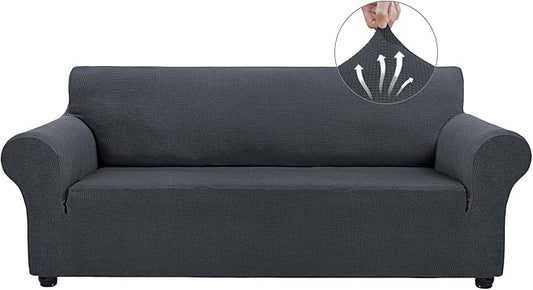 Asnomy Couch Covers for 3 Cushion Couch Stretch Sofa Covers Slipcovers, Pet Protector Furniture Covers for Dogs Cats Spandex Jacquard Fabric Small Checks （X-Large，Charcoal Ash）