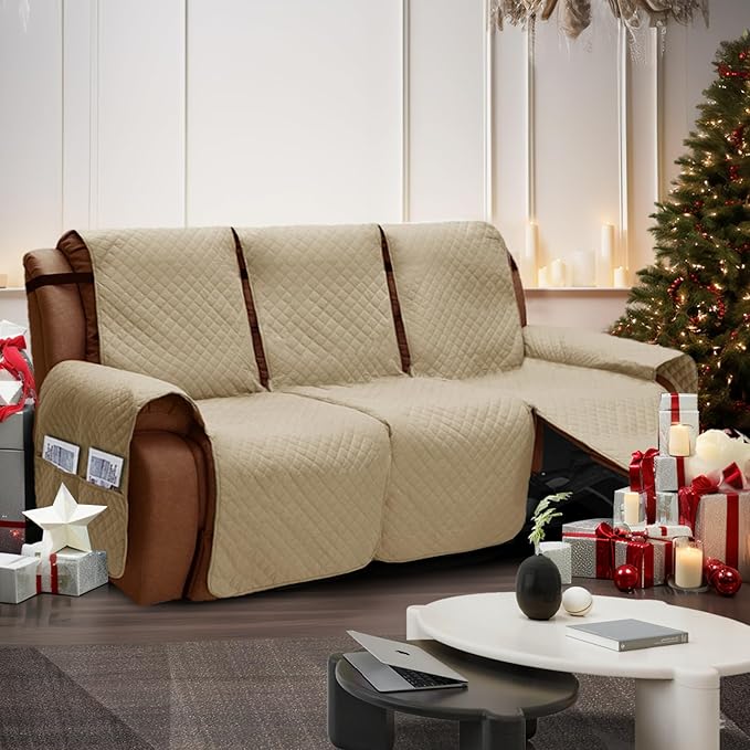 XINEAGE Water Resistant Recliner Cover, 3 Seat Sofa Covers with Pockets, Quilted Thick Protector Cover for Dog Pets with Non Slip Backing and Strap (Khaki)