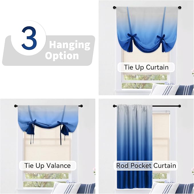 COSVIYA 100% Blackout Ombre Blue Adjustable Tie Up Curtains for Kitchen Thermal Insulated Room Darkening Valance Rod Pocket Balloon Roman Shade for Small Window,48" L x 34" W, 1 Panel