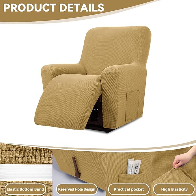Cupuamon Recliner Chair Covers,Lazy Boy Recliner Covers Stretch Reclining Covers 1 Piece Furniture Protector with Elastic Bottom for Dog,Kids-Tan