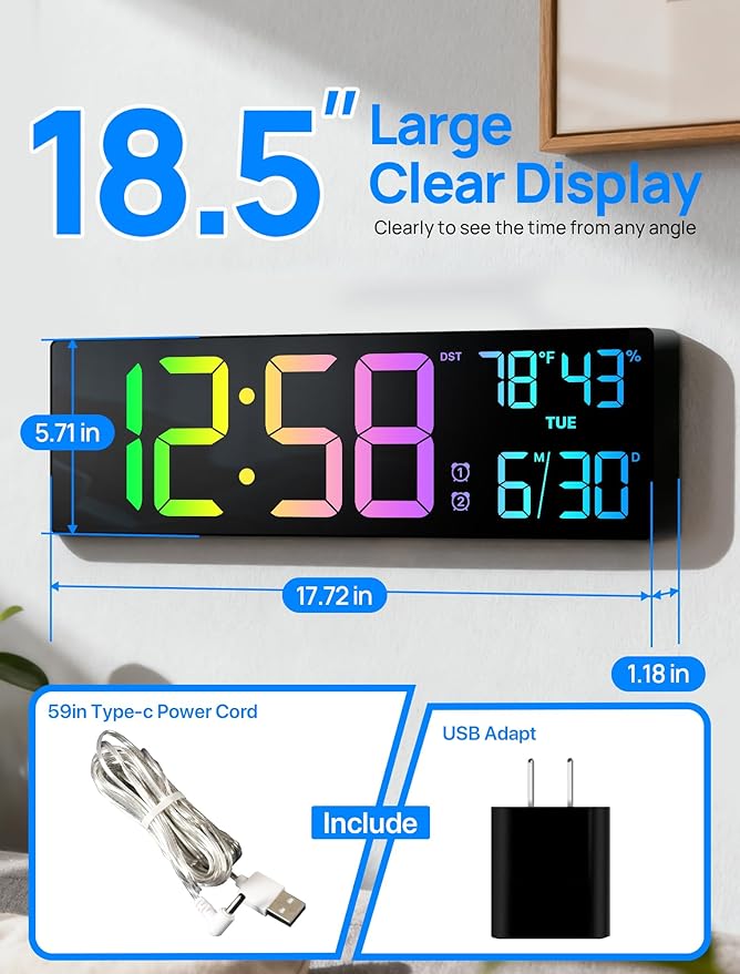 18.5" Large Digital Wall Clock with Remote Control, Big LED Display Digital Clocks with Night Light, Alarm, Countdown, DST, Temp, Date for Parlor, Bedroom, Office, Gifts for Seniors(Black)