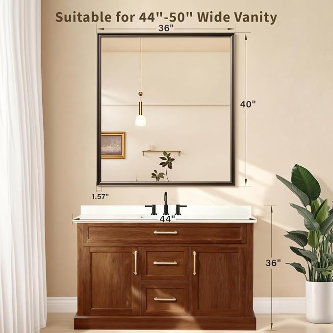 Retro Copper Effect Framed Wall Mirror, 36x40 Rectangle Mirror, Anti-desilvering Tempered Glass, Sustainable& Sturdy Frame, Farmhouse Mirror, Anti-Rust, 3min Fast Setup for Bathroom Living Room