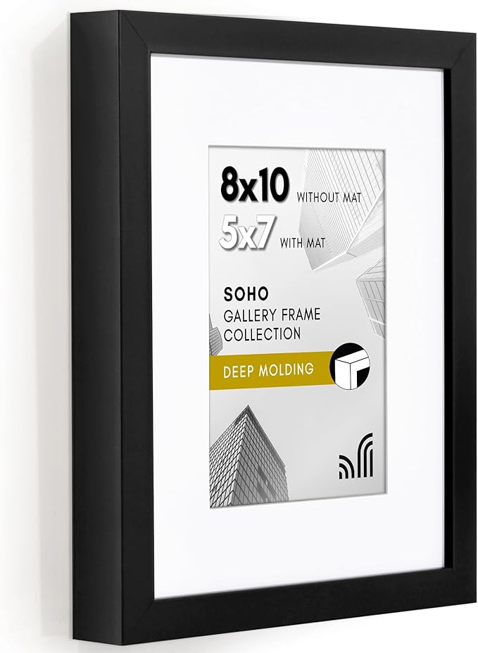 Americanflat 8x10 Picture Frame with Shatter-Resistant Glass - Use as 5x7 Frame with Mat or Display 8x10 Photo Without Mat - Soho Collection - Deep Molding Picture Frames for Tabletop or Wall - Black