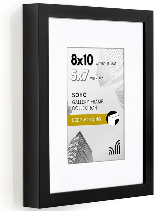 Americanflat 8x10 Picture Frame with Shatter-Resistant Glass - Use as 5x7 Frame with Mat or Display 8x10 Photo Without Mat - Soho Collection - Deep Molding Picture Frames for Tabletop or Wall - Black