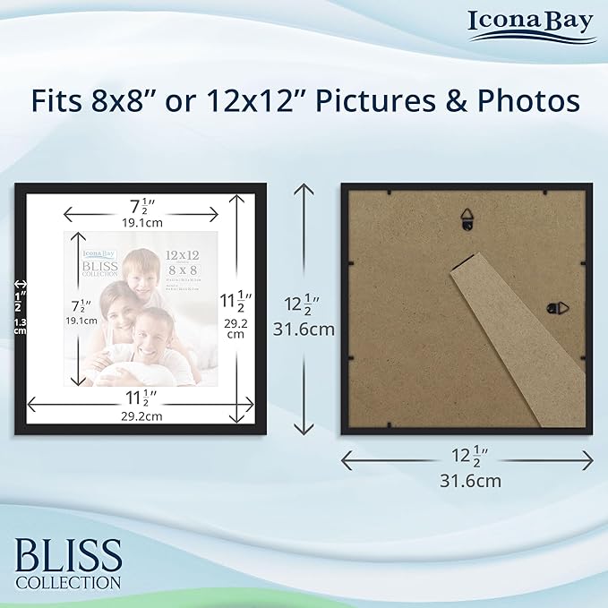 Icona Bay - 12x12 Black Picture Frame with Removable Mat to 8x8 Photo - Modern Style Engineered Wood Poster Frame - Wall Mount Only - Bliss Collection