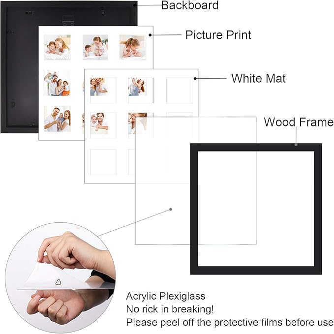 Egofine 16x16 Picture Frame Wood Black, Mats 9 Opening 4x4 Pictures, Display Multiple 4x4 Pictures, Covered by Plexiglass, Set of 2