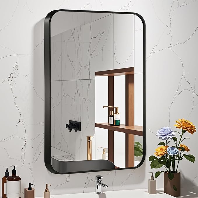 16x24 Inch Black Wall Mirror for Bathroom, Brushed Metal Framed Mirror with Rounded Corner, Rectangle Bathroom Vanity Mirror for Bedroom or Living Room, Horizontal/Vertical