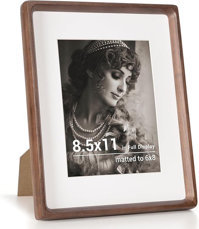 8.5 by 11 Picture Frame, USA-Sourced Walnut Wood Photo Frames with HD Tempered Glass, Handcrafted Rounded Corner 8.5 x 11 Wooden Frames Matted to 6x8 Photos, 8.5x11 Frame, Tabletop or Wall Display