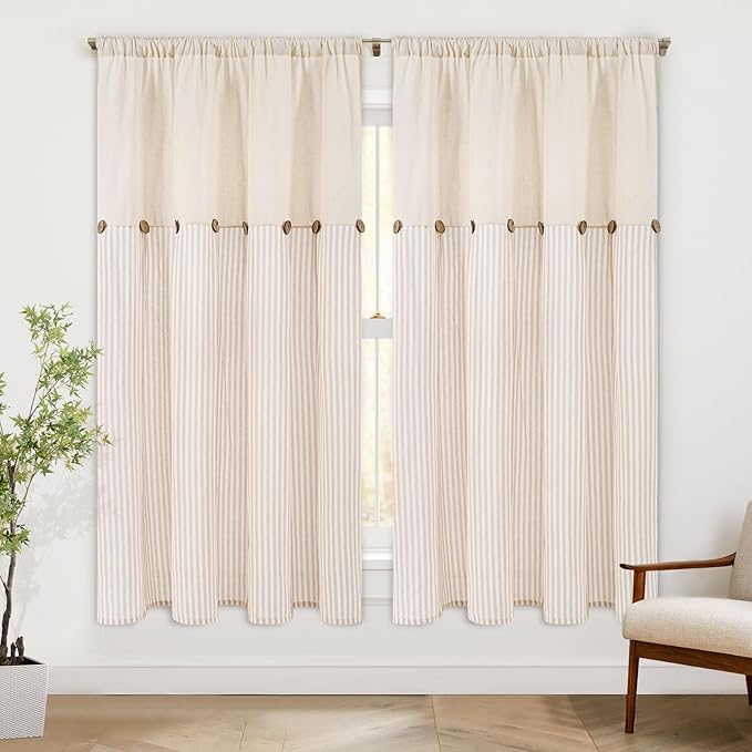 ASPMIZ Farmhouse Living Room Curtains Boho, Country Linen Curtains with Rustic Buttons, Rod Pocket & Back Tab Lake Khaki Curtain for Bedroom Window Curtain Home Decor, 52 x 63 Inch, 2 Panels