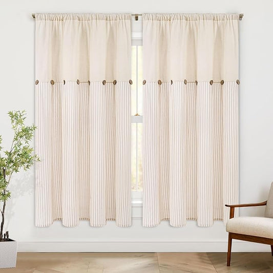 ASPMIZ Farmhouse Living Room Curtains Boho, Country Linen Curtains with Rustic Buttons, Rod Pocket & Back Tab Lake Khaki Curtain for Bedroom Window Curtain Home Decor, 52 x 63 Inch, 2 Panels