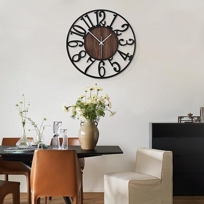 LEIKE Extra Large Wall Clocks,Silent Little Ticking,Battery Operated Vintage Round Modern Wood Wall Clock for Living Room, Bedroom,Farmhouse,Office Home Decor-32 Inch(Black-Arabic Number)