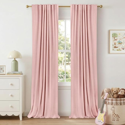 100% Blackout Shield Linen Blackout Curtains for Bedroom 102Inches Long, Back Tab/Rod Pocket Living Room Drapes, Thermal Insulated Blackout Curtains 2 Panels Set, 50" W x 102" L,Baby Pink