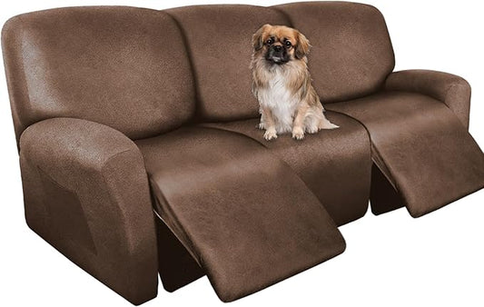 ANARACHON Recliner Couch Cover Leather Look Recliner Sofa Covers for 3 Cushion Reclining Sofa Slipcovers 8-Pieces Furniture Protector Spandex Fabric Washable (3 Seater, 01 Brown)