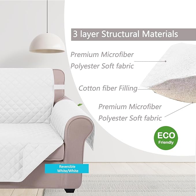 U-NICE HOME Loveseat Sofa Cover Reversible Couch Covers for 2 Cushion Couch for Dogs Furniture Protector Cover with Elastic Straps Water Resistant(Loveseat Small, White/White)