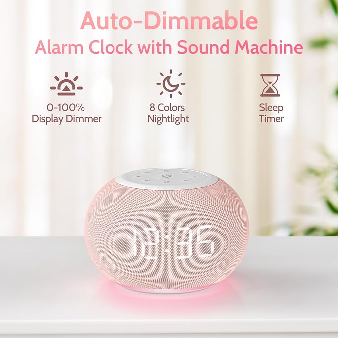 REACHER Auto Dimmable Sound Machine Alarm Clock with Night Light for Girls | 20 soothing sounds, sleep timer, precise volume, soft night lights, auto-dimming display, cute white noise soother for kids - Image 2