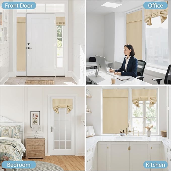 RYB HOME Door Curtains Blackout - Self Stick Tie Up Shades Tricia Window Blinds Light Block Insulating Sidelight, W 26 x L 69 inches, 1 Panel, Biscotti Beige